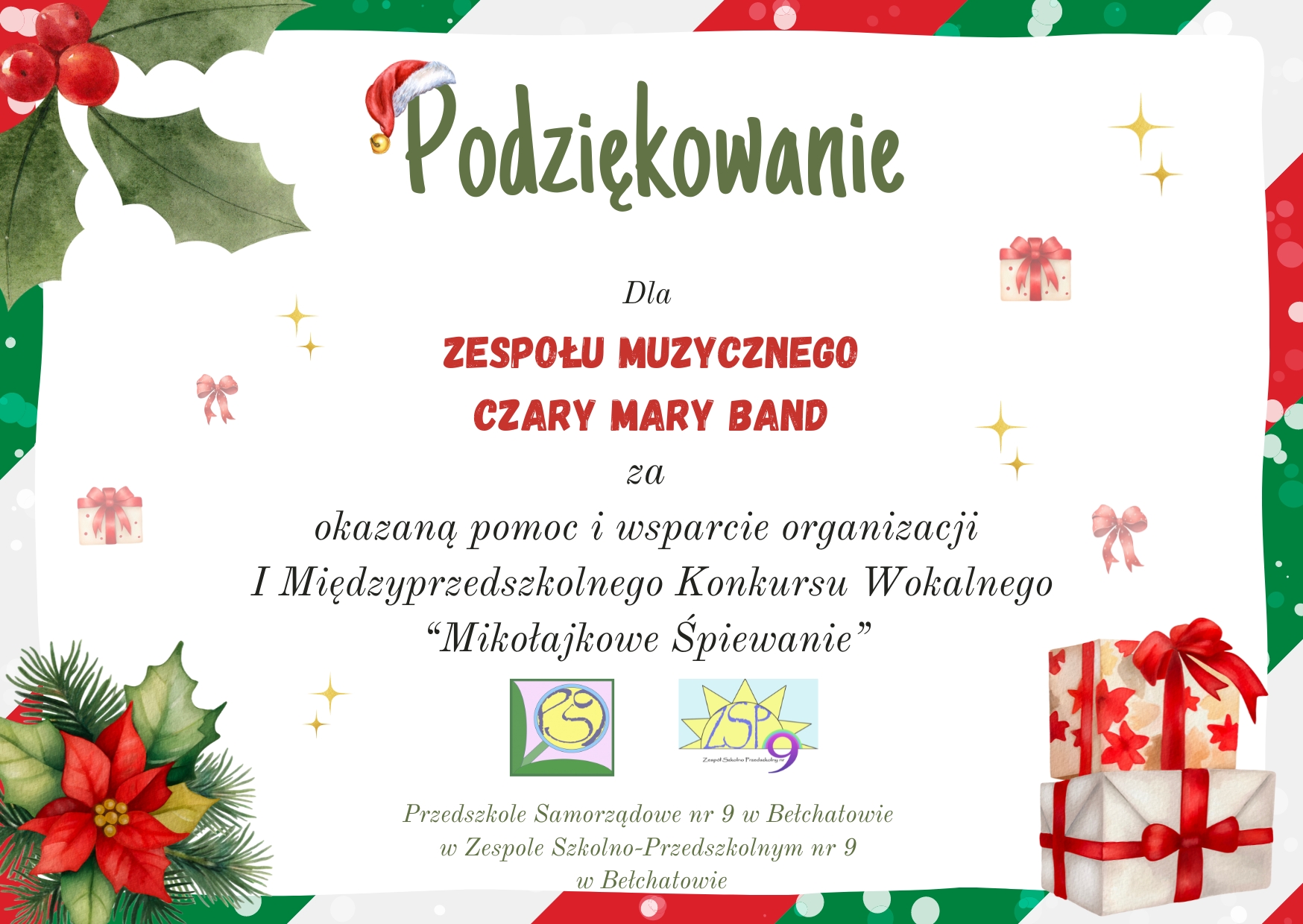 dyplom - podziękowanie dla zespołu muzycznego Czary Mary Band