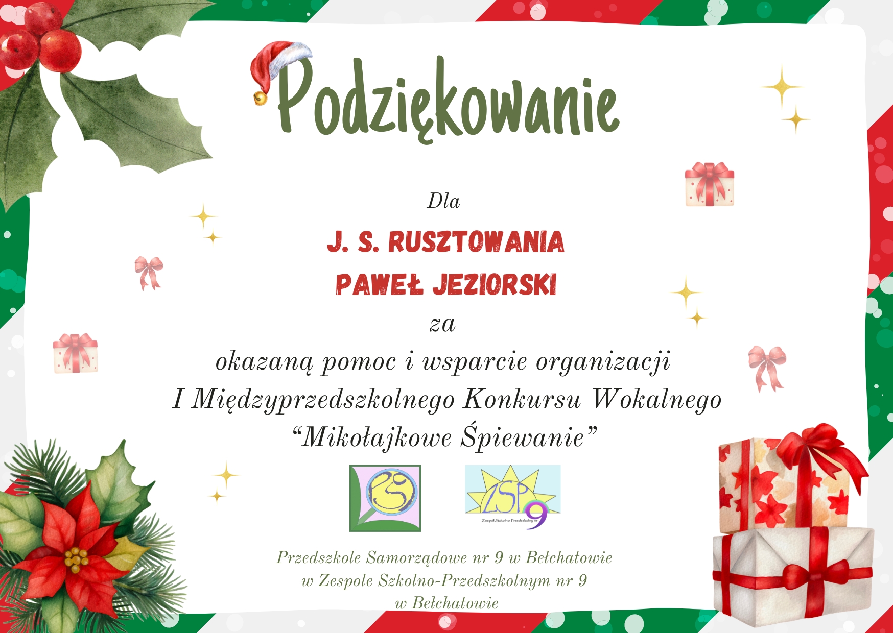 podziękowanie dla firmy J.S. Rusztowania