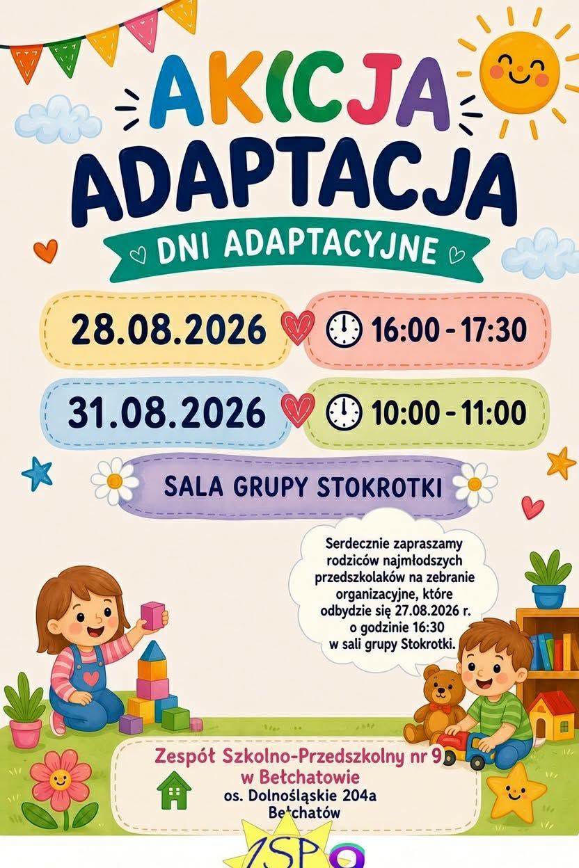 plakat przedstawiający godziny i dni zajęc adaptacyjnych