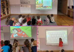 Zdjęcia dzieci podczas oglądania filmiku edukacyjnego „Ile kropek ma biedronka”