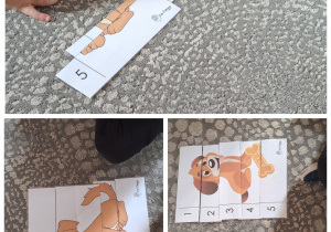 Dzieci z grupy Stokrotki układają na dywanie puzzle przedstawiające psa.