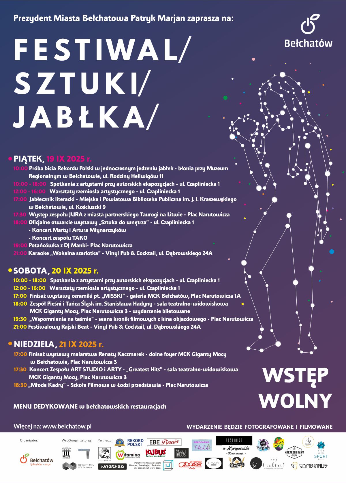 Plakat przedstawiający terminy Festiwalu Sztuki Jabłka - uroczystości miejskiej