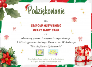 Podziękowanie dla zespołu muzycznego za wsparcie organizacji konkursu wokalnego.