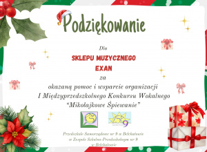 Podziękowanie dla sklepu muzycznego za wsparcie organizacji konkursu wokalnego.