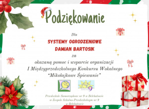 Dyplom - podziękowanie dla firmy Systemy Ogrodzeniowe