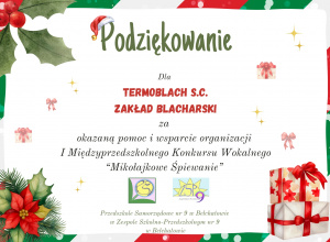 Podziękowanie w światecznej grafice dla firmy Termoblach s.c.