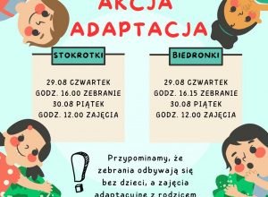 Zdjęcie przedstawia plakat na którym w każdym rogu sa dzieci. Po środku znajduje się informacja o zajęciach adaptacyjnych.