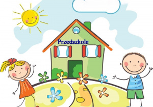 Zdjęcie przedstawia obrazek przedszkola z rysunkami postaci dzieci.