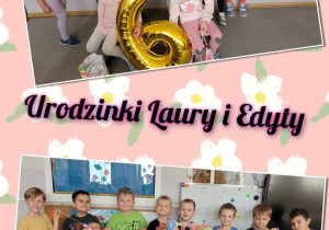 Kolaż zdjęć dzieci z jubilatkami Laurką i Edytką