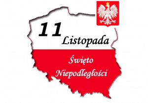 Kontur Polski w kolorze biało – czerwonym z napisem 11 listopada Święto Niepodległości.