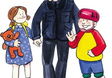 Ilustracja przedstawiająca strażnika miejskiego z dziećmi.