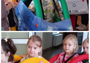 Kolaż prezentujący dzieci w autochodzikach.