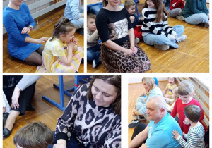 Kolaż prezentujący rodziców i dzieci wykonujący relaksujący masażyk.