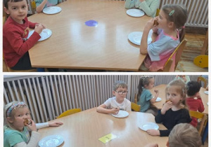 Dzieci siedzą przy stolikach i degustują ciasto marchewkowe.