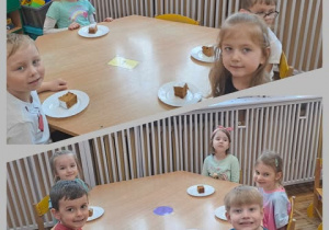 Dzieci siedzą przy stoliku na talerzykach mają ciasto.