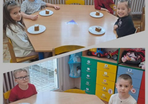 Dzieci siedzą przy stolikach na talerzach leży ciasto.