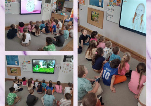 „Misja dom” ”Pszczółki” na tropie ekonawyków. Zdjęcie dzieci oglądających filmiki edukacyjne na monitorze multimedialnym