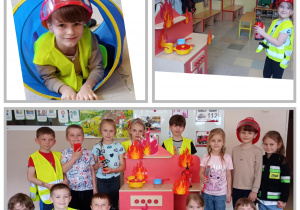 Kolaż dzieci z grupy Tropiciele w trakcie wykonywania toru sportowego, gaszenia niby pożaru oraz ze sprzętem strażackim.