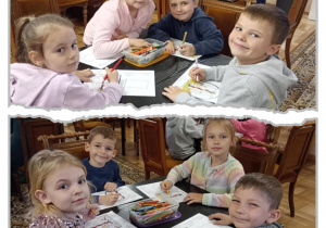 Kolaż z dziećmi z grupy Tropiciele podczas kolorowania symboli miasta.