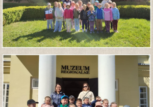 Kolaż zdjęć dzieci z grupy Pszczółki przed budynkiem Muzeum w Bełchatowie.