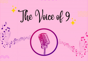 Grafika przedstawia logo konkursu wokalnego The Voice of 9 oraz mikrofon, gwiazdy i pięciolinię