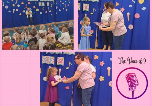 Kolaż przedstawia przebieg konkursu wokalnego The Voice of 9. Występy dzieci oraz wręczanie nagród