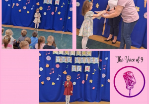 Kolaż przedstawia przebieg konkursu wokalnego The Voice of 9. Występy dzieci oraz wręczanie nagród