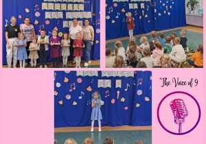 Kolaż przedstawia przebieg konkursu wokalnego The Voice of 9, występy dzieci, wręczanie nagród oraz wszystkich uczestników z jury