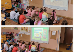 Dzieci z grupy Smerfy oglądają filmik edukacyjny o tym skąd się bierze mleko i o produktach mlecznych.