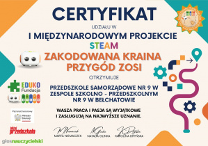 Zdjęcie certyfikatu za udział w projekcie Zakodowana Kraina Przygód Zosi.
