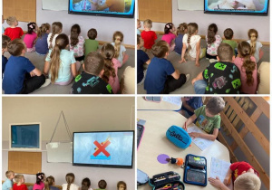 Kolaż zdjęć przedstawiający grupę Pszczółki w trakcie oglądania filmu edukacyjnego dotyczącego bezpieczeństwa podczas wakacji.