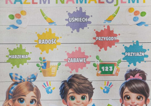 Plakat przedstawiający usmiechnięte dzieci i kolorowy napis witajcie