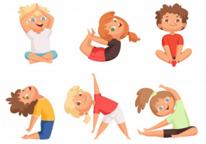 Zdjęcie przedstawia narysowane, ćwiczące dzieci.