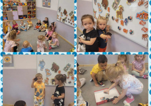 Kolaż zdjęć dzieci podczas zajęć, na których najmłodsi poznawali zwierzątka