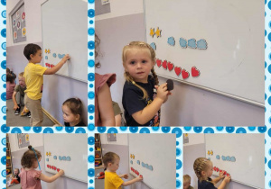 Kolaż zdjęć dzieci układających kolorowe elementy na tablicy