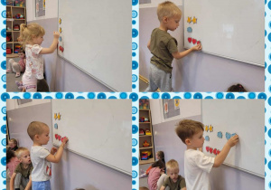 Kolaż zdjęć dzieci układających kolorowe elementy na tablicy i rozpoznających kolory