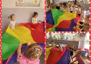 Kolaż zdjęć dzieci podczas zabawy z chustą animacyjną