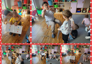 Kolaż zdjęć dzieci podczas zabawy z książką „Naciśnij mnie”