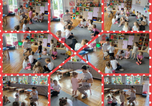 Kolaż zdjęć dzieci podczas zabawy z książką „Naciśnij mnie” rozbudzającą wyobraźnię przedszkolaków