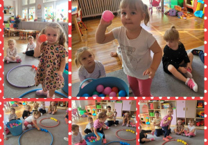 Kolaż zdjęć dzieci segregujących kulki według koloru