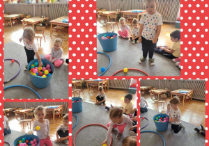 Kolaż zdjęć dzieci segregujących kulki według koloru