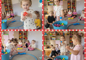 Kolaż zdjęć dzieci segregujących kulki według koloru