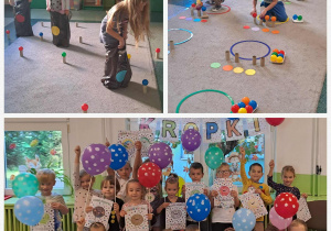 Kolaż zdjęć dzieci z grupy Motylki podczas zabaw z okazji Dnia Kropki.