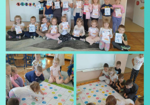 Kolaż zdjęć przedstawiający dzieci z grupy Smerfy podczas obchodów Dnia Kropki.