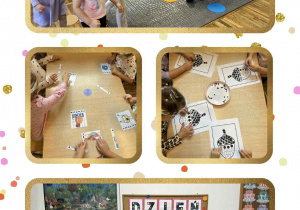 Kolaż zdjęć aktywności dzieci z grupy Stokrotki podczas zabaw z okazji Dnia Kropki.