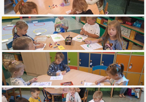 Dzieci siedzą przy stoliku i wykonują pracę plastyczną.