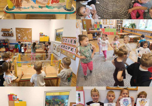Kolaż zdjęć przedstawiający dzieci z grupy Stokrotki podczas zabaw z okazji Dnia Przedszkolaka.
