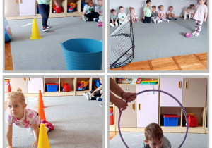 Kolaż prezentujący dzieci z grupy Biedronki w trakcie zabaw sportowych: gra w piłkę, rzucanie do celu, przechodzenie przez hula-hop, czworakowanie między pachołkami.