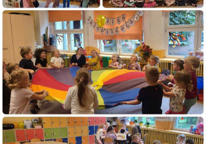 Kolaż zdjęć dzieci z grupy Żabki podczas zabaw z okazji Dnia Przedszkolaka.