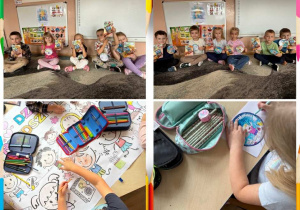 Kolaż przedstawia aktywności i niespodzianki u Smerfów z okazji Dnia Przedszkolaka.